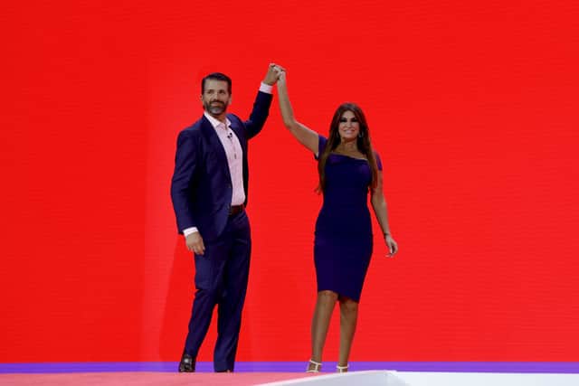 As Kimberly Guilfoyle is chosen as US ambassador to Greece, is she still engaged to Donald Trump Jr? Donald Trump Jr. high fives Kimberly Guilfoyle before speaking at the annual Conservative Political Action Conference (CPAC) at the Gaylord National Resort Hotel And Convention Center on March 03, 2023 in National Harbor, Maryland. Photo: Getty Images