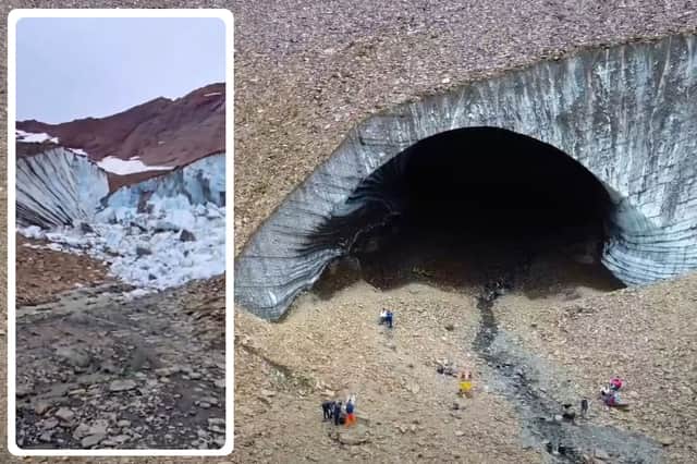 The Cueva de Jimbo cave, in Ushuaia, Argentina, main picture before the collapse and inset, afterwards