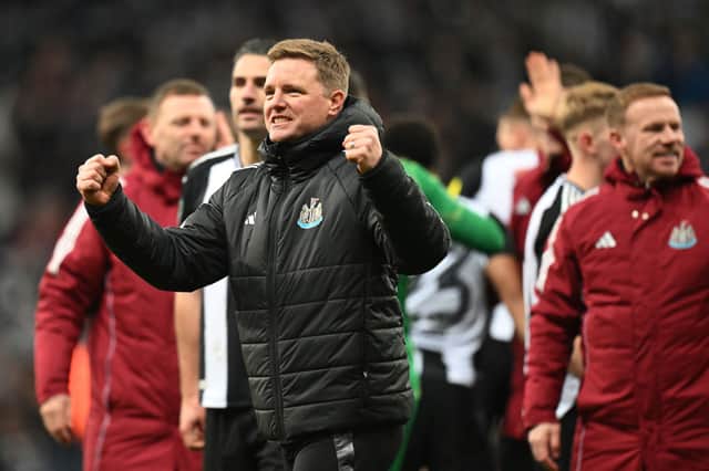 Newcastle United head coach Eddie Howe celebrating the win v Arsenal