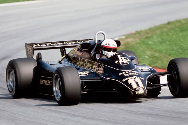 Elio de Angelis driving his iconic John Player Special Lotus at the 1982 Austrian Grand Prix.