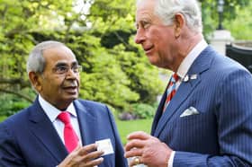 The then Prince Charles, Prince of Wales meets Gopichand Hinduja during a reception by charity Combat Stress to launch The At Ease Appeal at St James Palace in 2019