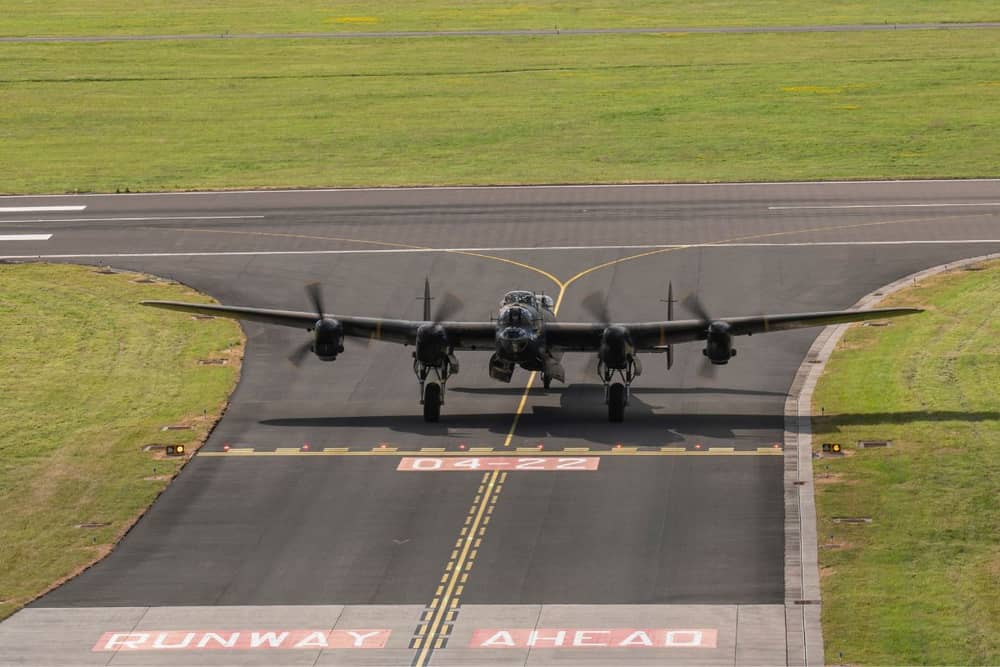 The WWII Avro Lancaster bomber at the Airbus, wing building factory in Broughton, North Wales, eighty years on from when she was built.