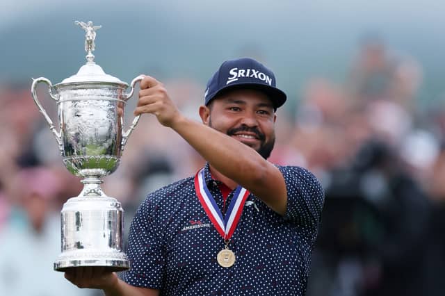 OAKMONT, PENNSYLVANIA - JUNE 15: J. J. Spaun of the United States celebrates with the trophy after winning during the final round of the 125th U.S. OPEN at Oakmont Country Club on June 15, 2025 in Oakmont, Pennsylvania. (Photo by Patrick Smith/Getty Images)