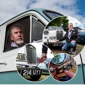Dennis Jackson from Preston in his 1958 Wolesley classic car. Inset: Demonstrating how he uses a 'crank handle' to start the engine, and places a clothes peg on the choke button. All photos credit Lucinda Herbert