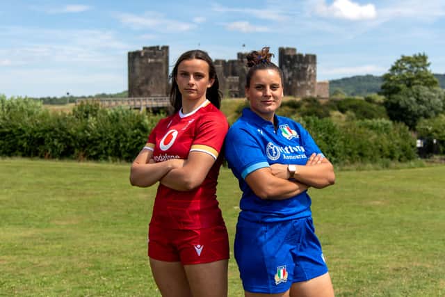Branwen Metcalfe of Wales and Elena Errichiello of Italy during the 2025 Six Nations Women's Summer Series photocall at Caerphilly Castle, Caerphilly, Wales, Friday, July 4th, 2025 