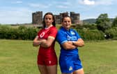 Branwen Metcalfe of Wales and Elena Errichiello of Italy during the 2025 Six Nations Women's Summer Series photocall at Caerphilly Castle, Caerphilly, Wales, Friday, July 4th, 2025 