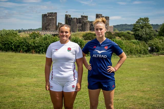 Lucy Calladine of England and Lou Roboam of France during the 2025 Six Nations Womenâs Summer Series photocall at Caerphilly Castle, Caerphilly, Wales, Friday, July 4th, 2025