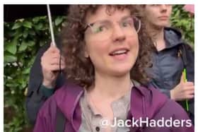 Green Party Councillor Nathalie Bienfait was told to “f**k off” by a protester outside the Britannia Hotel in Canary Wharf as she held a sign saying “refugees wlecome”. (Photo: @JackHadders/X)