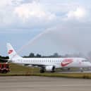 SOUTHEND, ENGLAND - JULY 28: The plane carrying the England Women Squad are given a welcome as they arrive at Southend Airport following their victory on July 28, 2025 in Southend, England. England defeated Spain in the UEFA Women's EURO 2025 Final to retain the trophy on 27 July. (Photo by Richard Pelham - The FA/The FA via Getty Images)