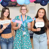 St Vincent College and Sixth Form in Gosport. Olivia (left) and Taya (right) with happy principal Erika Taveler