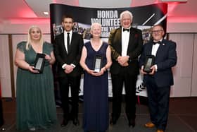 Honda Volunteer of the Year award winners with Rob Udwin (Immediate Past President RFU) & Alex Payne (MC)