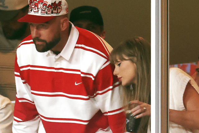 Taylor Swift flashed her huge engagement ring, estimated to be worth around $550,000, during her first public appearance with new fiance Travis Kelce since their engagement announcement.