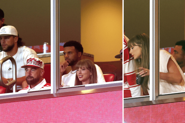 Taylor Swift has been spotted flashing her huge engagement ring during her and finance Travis Kelce's first appearance in public since their engagement announcement.