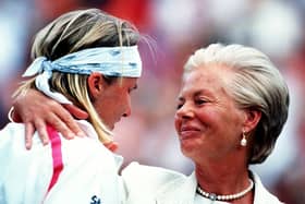 Jana Novotna is consoled by the Duchess of Kent after her defeat in the Women's Singles Final at the 1993 Wimbledon Championships in London