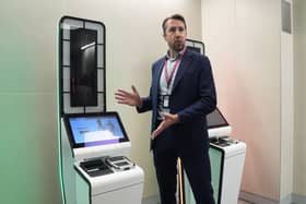 Chief Safety and Stations Officer Simon Lejeune previewing the EES kiosks at Kings Cross St Pancras for the Eurostar European Union entry/exit system (EES) 