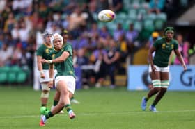 Byrhandre Dolf of South Africa kicks a penalty goal during the Women's Rugby World Cup 2025