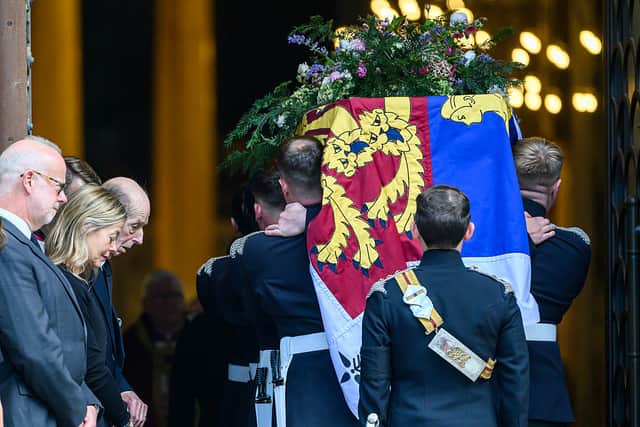 George Windsor, Earl of St Andrews (L), Prince Edward Duke of Kent (3L) and his daughter Lady Helen Taylor (2L) look on the as the bearer party carry the coffin in to Westminster Cathedral ahead of the funeral of Katharine, Duchess of Kent on September 15, 2025. Photo: Getty Images