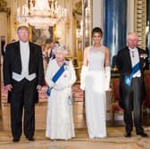 US President Donald Trump, Queen Elizabeth II, Melania Trump, the then Prince of Wales and the then Duchess of Cornwall, during a group photo ahead of the State Banquet at Buckingham Palace in 2019