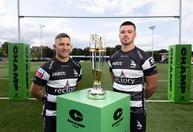 Luke Carter, left, and Tommy Watson of Chinnor during the Championship Rugby media day at Trailfinders Sports Club