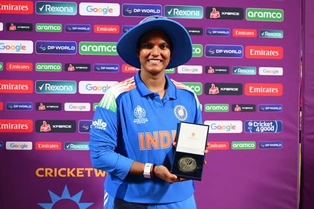 Deepti Sharma of India poses for a photo with the ICC Player Of The Match award following victory in the ICC Women's Cricket World Cup India 2025 match between India and Sri Lanka at Barsapara Cricket Stadium