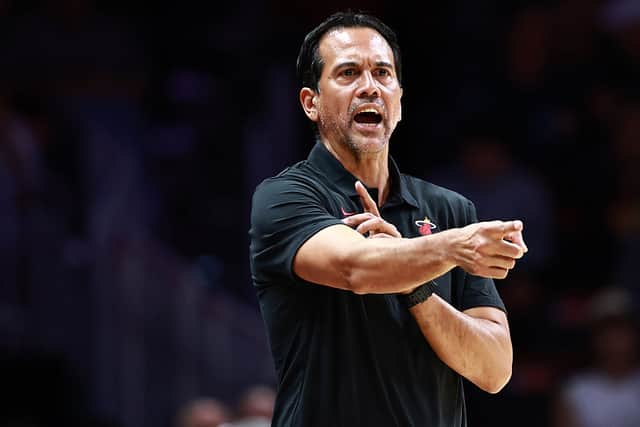 Miami Heat head coach Erik Spoelstra reacts against the San Antonio Spurs during the second half at Kaseya Center on October 08, 2025 in Miami, Florida. (Photo by Carmen Mandato/Getty Images)