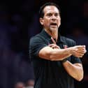Miami Heat head coach Erik Spoelstra reacts against the San Antonio Spurs during the second half at Kaseya Center on October 08, 2025 in Miami, Florida. (Photo by Carmen Mandato/Getty Images)