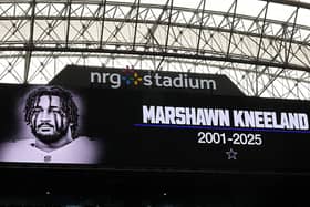 Dallas Cowboys defensive end Marshawn Kneeland’s girlfriend is reportedly pregnant following his death at 24. A moment of silence is held for Marshawn Kneeland prior to the game between the Houston Texans and Jacksonville Jaguars at NRG Stadium on November 09, 2025 in Houston, Texas. (Photo by Tim Warner/Getty Images)