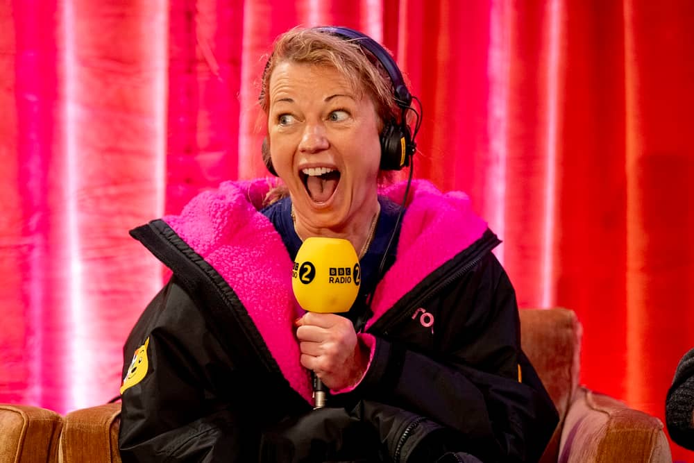 Sara Cox reacts the latest fundraising total for her Great Northern Marathon Challenge for Children In Need