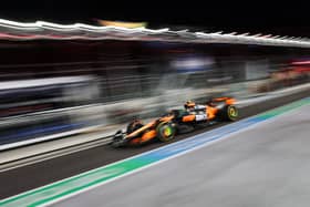 McLaren's British driver Lando Norris drives out of pit lane during the first practice session for the Las Vegas Formula One Grand Prix at the Las Vegas Strip Circuit in Las Vegas, Nevada, on November 20, 2025. (Photo by Patrick T. Fallon / AFP) (Photo by PATRICK T. FALLON/AFP via Getty Images)          