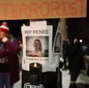 A notice reading "RIP Renee, murdered by ICE" is seen next to a memorial for Renee Nicole Good