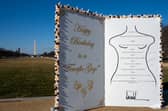  A ten-foot-tall mockup of a reported birthday message from Donald Trump to Jeffrey Epstein has appeared on the National Mall. (Photo: The Secret Handshake/X)