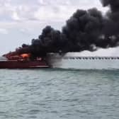 Yacht catches fire off the coast of Progreso in Yucatan, Mexico, Jan. 17, 2026. The crew was rescued. (Newsflash)