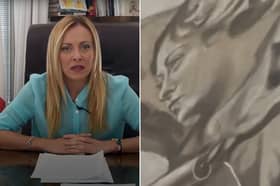 Giorgia Meloni,  who has been serving as the prime minister of Italy since 22 October 2022, the first woman to hold this position and the repainted angel in the Basilica of San Lorenzo in Lucina in Rome, Italy