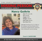 This image provided by the Pima County Sheriff's Department, on Monday, Feb. 2, 2026, shows a missing person alert for Nancy Guthrie.  (Pima County Sheriff's Department via AP)