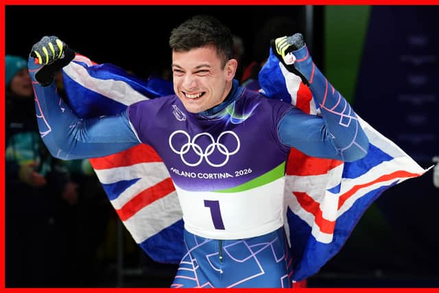 Great Britain's Matt Weston celebrates after winning the gold medal in the Men's Skeleton at the Cortina Sliding Centre, on day seven of the Milano Cortina 2026 Winter Olympics, Italy.
