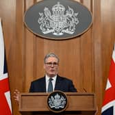 Prime Minister Sir Keir Starmer speaking during a press conference to give an update on the latest situation in the Middle East, in the Downing Street Briefing Room