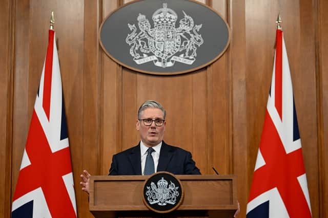 Prime Minister Sir Keir Starmer speaking during a press conference to give an update on the latest situation in the Middle East, in the Downing Street Briefing Room