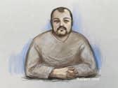 Court artist sketch by Elizabeth Cook of Anthony Russell appearing via video link at  Newton Aycliffe Magistrates' Court, where he is charged with the murder of Ian Huntley