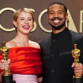 Jessie Buckley, left, winner of the award for best actress in a leading role for Hamnet, and Michael B. Jordan, winner of the award for best actor in a leading role for Sinners 