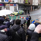 Chief Superintendent Emma Aldred speaking to members of the media at the scene in Friar Gate, Derby, where a number of people were injured after being hit by a car in the city centre 