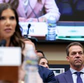Bryon Noem (R), husband of U.S. Secretary of Homeland Security Kristi Noem, looks on as she testifies during a House Judiciary Committee hearing