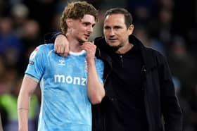 Coventry City head coach Frank Lampard (right) speaks with Jack Rudoni (left) after the Sky Bet Championship match on Friday