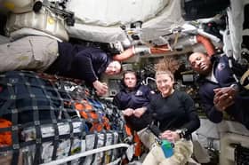 The Artemis II crew from left, Canadian astronaut and mission specialist Jeremy Hansen, Commander Reid Wiseman, mission specialist Christina Koch and pilot Victor Glover