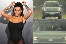 CCTV of Katie Price seen driving a Ford Capri at 80 mph on the A64 close to the North Yorkshire village of Stutton