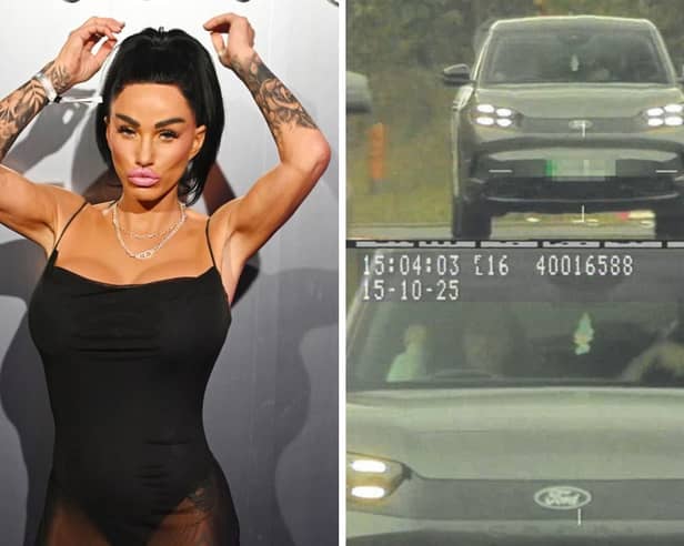CCTV of Katie Price seen driving a Ford Capri at 80 mph on the A64 close to the North Yorkshire village of Stutton