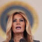 First lady Melania Trump speaks to reporters in the Grand Foyer of the White House