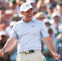 Rory McIlroy of Northern Ireland celebrates winning the 2026 Masters Tournament on the 18th green at Augusta National Golf Club