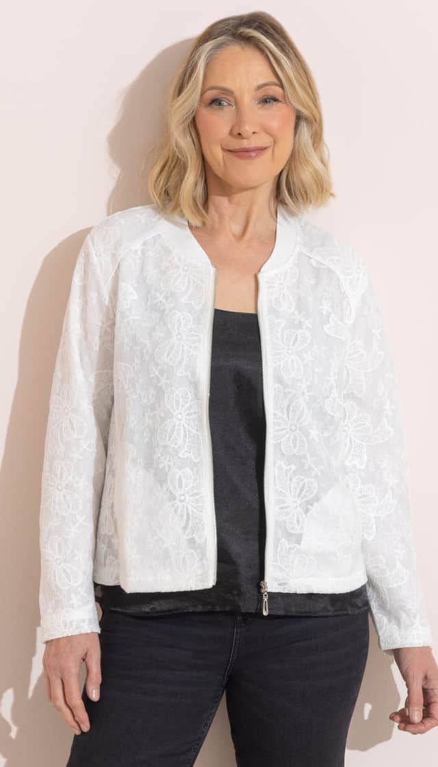 Collarless jackets are a must-have this season and my favourite, the Anna Rose Embroidered Lace Bomber Jacket from Klass, is on sale. Pictured posed by a model for Klass.