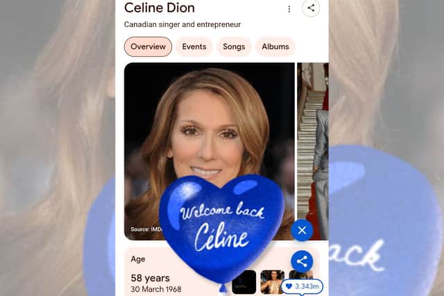 “Welcome back Celine”: Celine Dion now gets a blue heart balloon on any Google searches for the Canadian pop Icon's name