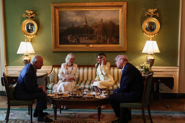 King Charles III and Queen Camilla join US President Donald Trump and First Lady Melania Trump for tea at the White House in Washington DC